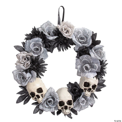 17 1/2" x 17 1/2" White Roses Wreath with Skulls Halloween Decoration | Horror-Shop.com