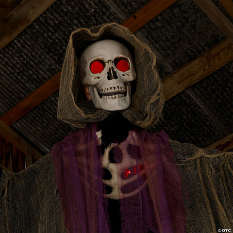 6 Ft. Light-Up Skeletal Reaper in Gray Robes Halloween Hanging Decoration | Horror-Shop.com