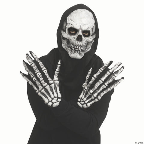 Adults Grey Skull Mask with Hood & Long-Fingered Gloves - One Size
