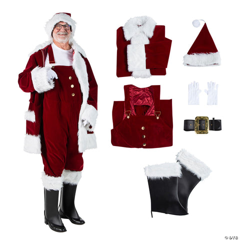 Men's Burgundy Velvet Santa Suit with Overalls Costume - LG