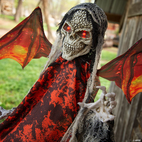 60 1/4" Animated & Light-Up Red Skeletal Reaper with Wings Hanging Decoration