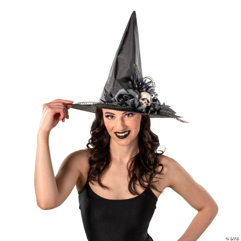 17 1/2" x 14 3/4" Black Flowers & Skull Polyester Witch Hat Costume Accessory