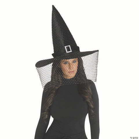 Adults Black Polyester Witch Hat with Bling Buckle and Netted Veil Costume Accessory