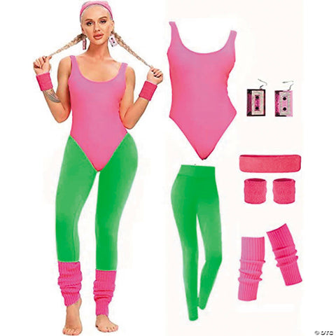 Adults Pink & Neon Green 80's Workout Costume - One Size