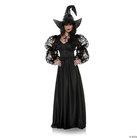 Adults Spider Web Mistress Black Lace Front Dress with Witch Hat Costume -