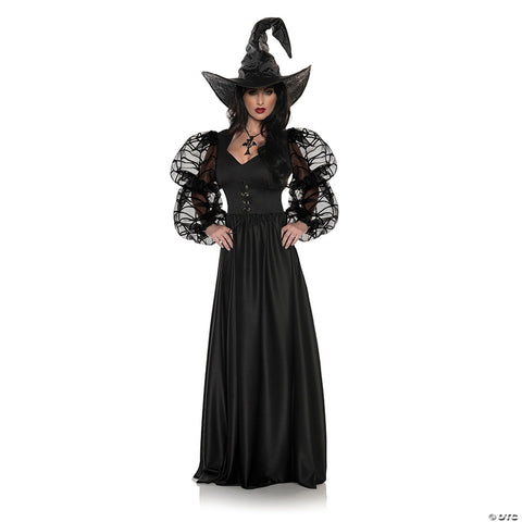 Adults Spider Web Mistress Black Lace Front Dress with Witch Hat Costume - Small