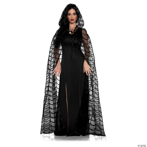 Adults Black Spider Web Hooded Cape - One Size